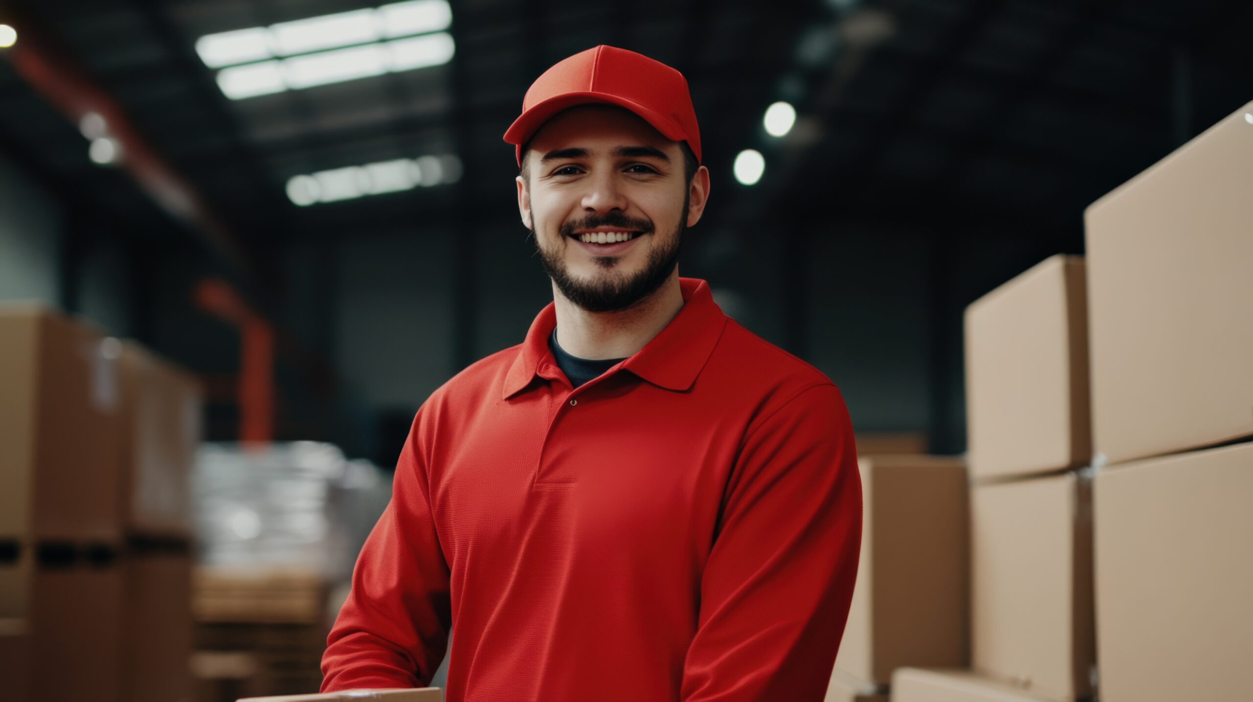 warehouse staff member red outfit handling boxes